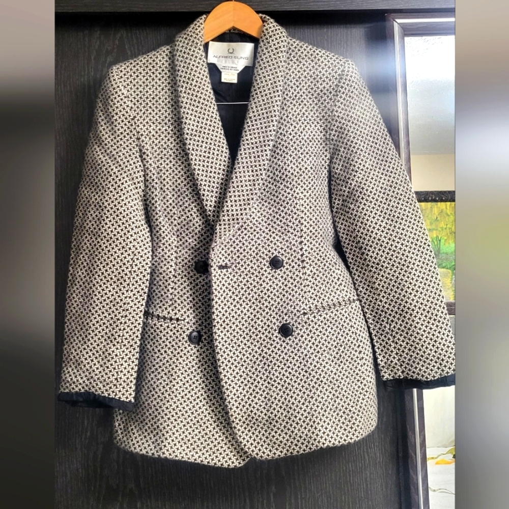 Alfred Sung Black and White Blazer Classic Tailored Suit Jacket